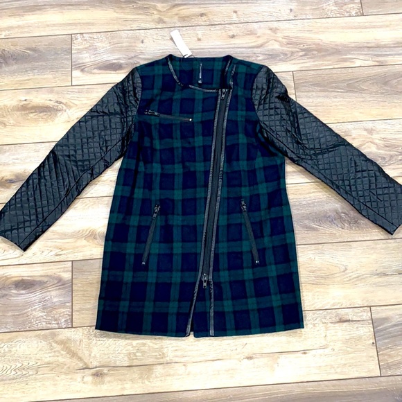 NWT WALTER BAKER 118 Sadie Blue Green Plaid Faux Leather Sleeve Coat MED - Picture 4 of 11